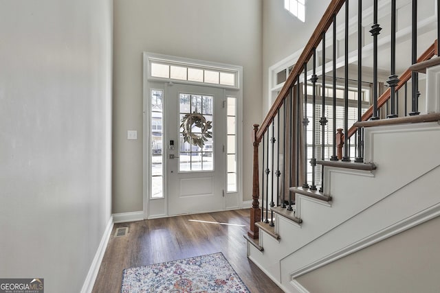 entryway featuring plenty of natural light, a high ceiling, and hardwood / wood-style floors