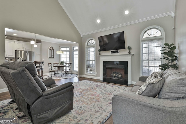 living room with high vaulted ceiling, dark hardwood / wood-style floors, and crown molding