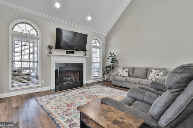 living room featuring high vaulted ceiling, dark hardwood / wood-style flooring, and ornamental molding