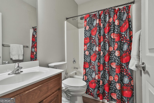 full bathroom featuring toilet, vanity, wood-type flooring, and shower / bathtub combination with curtain