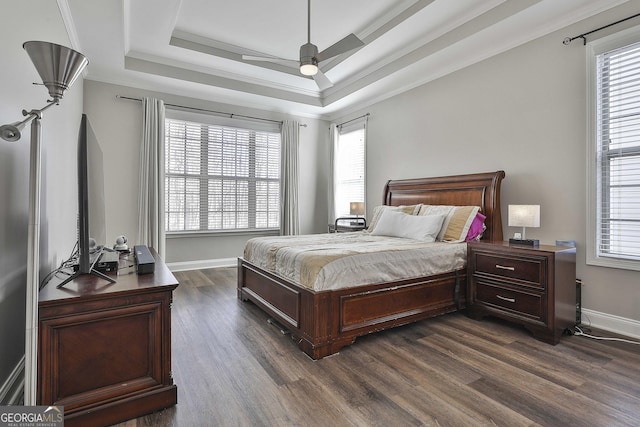 bedroom featuring ceiling fan, a tray ceiling, dark hardwood / wood-style floors, and crown molding