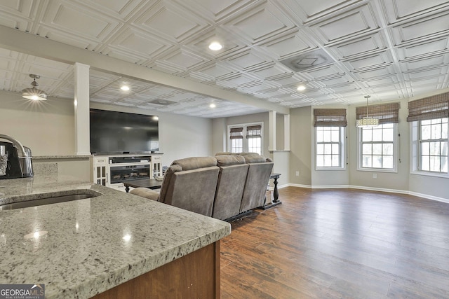 living room with dark wood-type flooring and sink