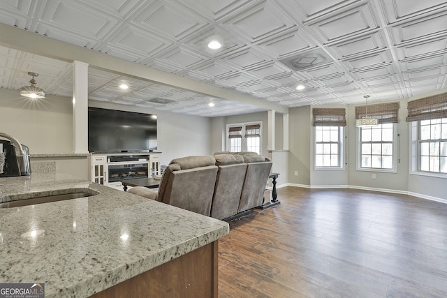 living room with dark wood-type flooring and sink