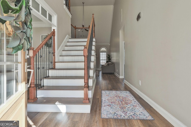 staircase with a high ceiling and hardwood / wood-style floors