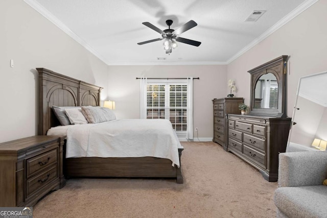 bedroom with light carpet, ceiling fan, and ornamental molding