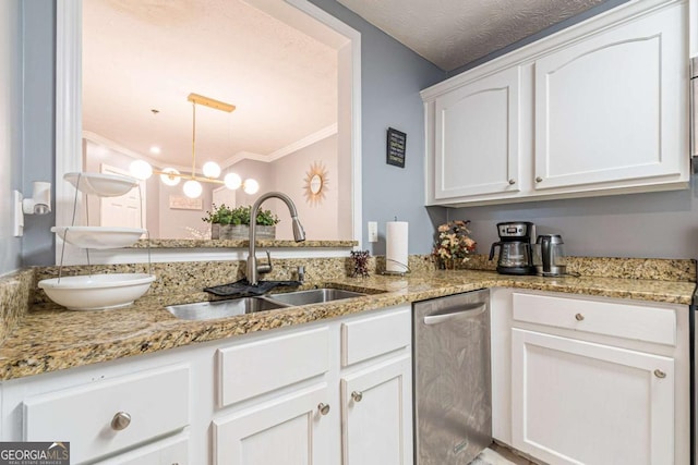 kitchen featuring dishwasher, sink, crown molding, light stone counters, and white cabinetry