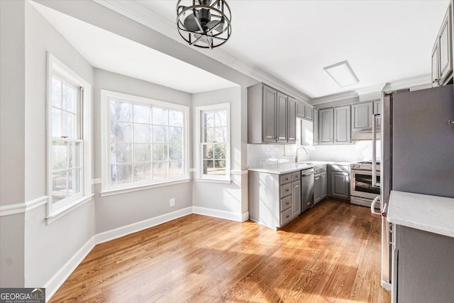 kitchen with gray cabinetry, sink, hardwood / wood-style flooring, appliances with stainless steel finishes, and tasteful backsplash