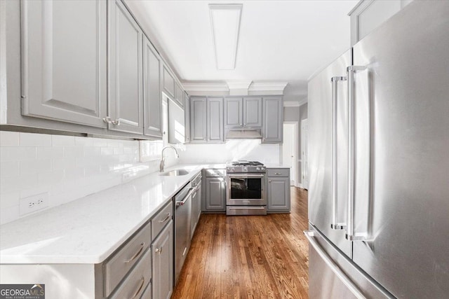 kitchen with appliances with stainless steel finishes, backsplash, gray cabinetry, dark wood-type flooring, and sink