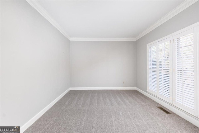 spare room featuring carpet floors and crown molding