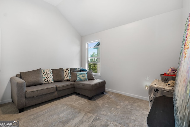 living room featuring light colored carpet and lofted ceiling