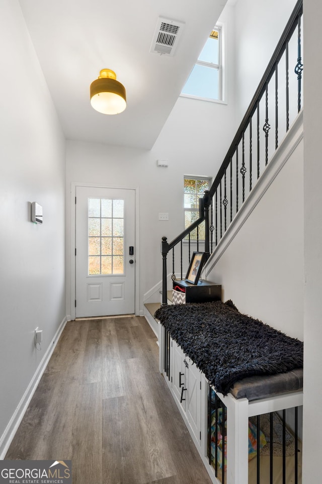 doorway to outside with a wealth of natural light and hardwood / wood-style floors