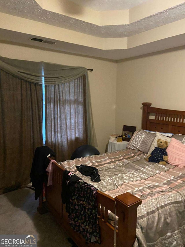 bedroom featuring carpet and a tray ceiling