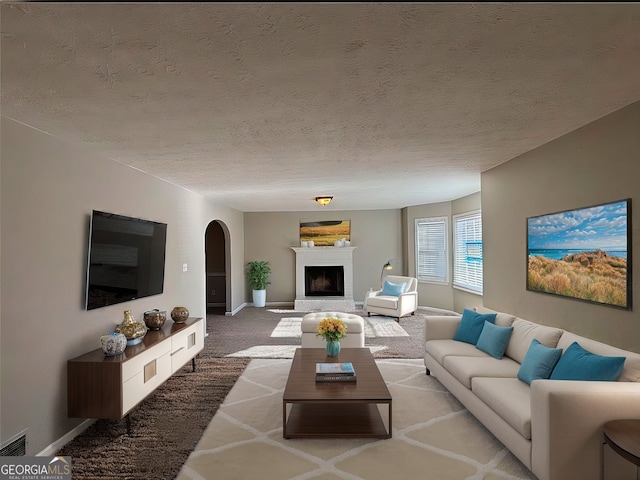 living room with a textured ceiling and carpet