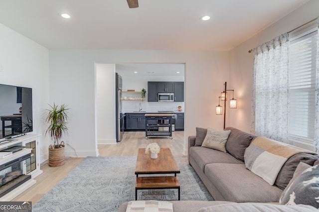 living room featuring sink and light hardwood / wood-style floors