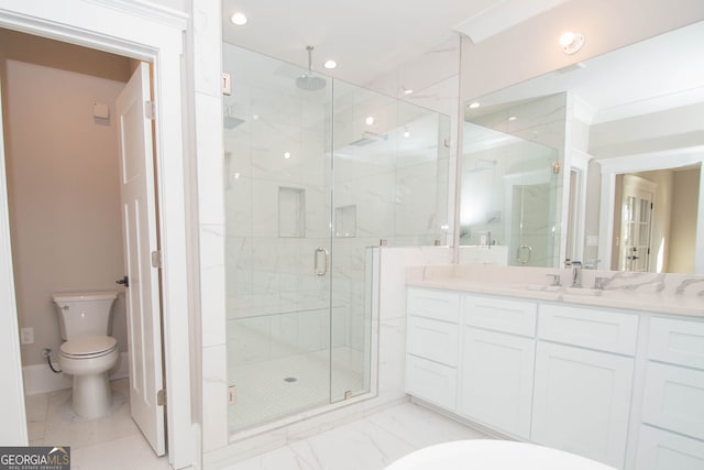 bathroom featuring vanity, ornamental molding, an enclosed shower, and toilet