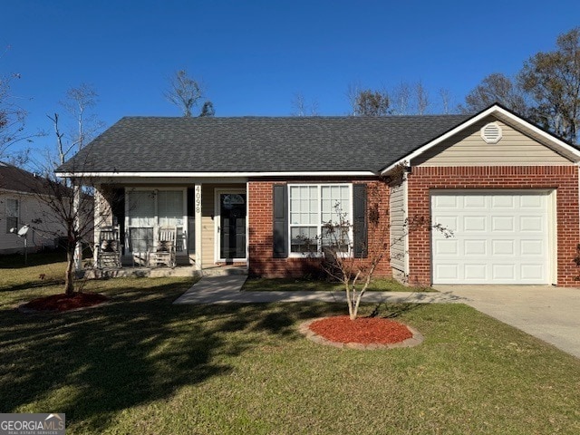 ranch-style house featuring a garage, a porch, and a front lawn