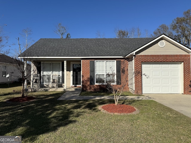 ranch-style home with covered porch, a front yard, and a garage