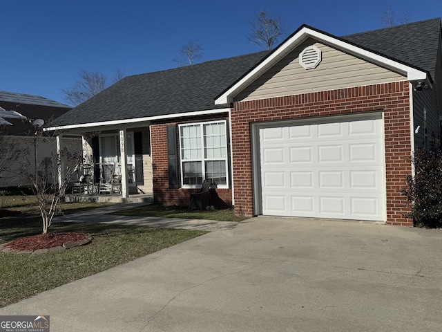 ranch-style home featuring a porch and a garage