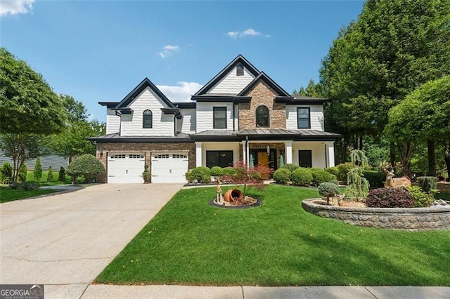 craftsman house featuring covered porch, a garage, and a front lawn