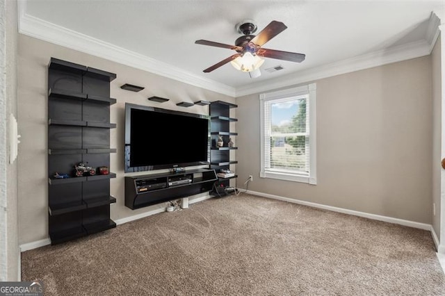 carpeted living room with ceiling fan and ornamental molding