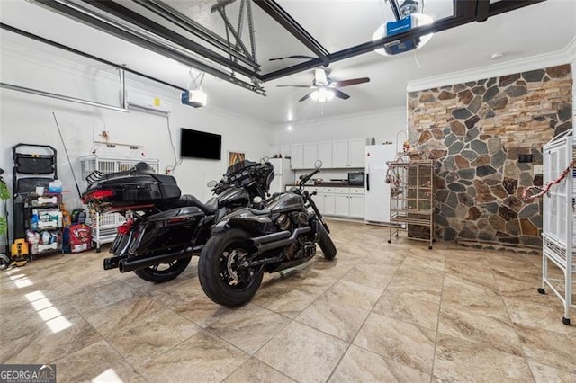 garage with white refrigerator, a garage door opener, and ceiling fan