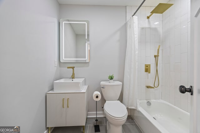 full bathroom with tile patterned floors, vanity, toilet, and shower / tub combo with curtain