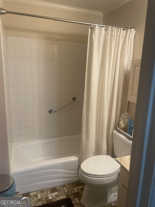 full bathroom with vanity, toilet, and shower / bathtub combination with curtain