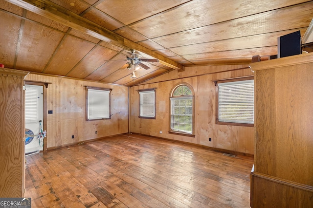 unfurnished room featuring ceiling fan, wood-type flooring, wooden ceiling, and wooden walls