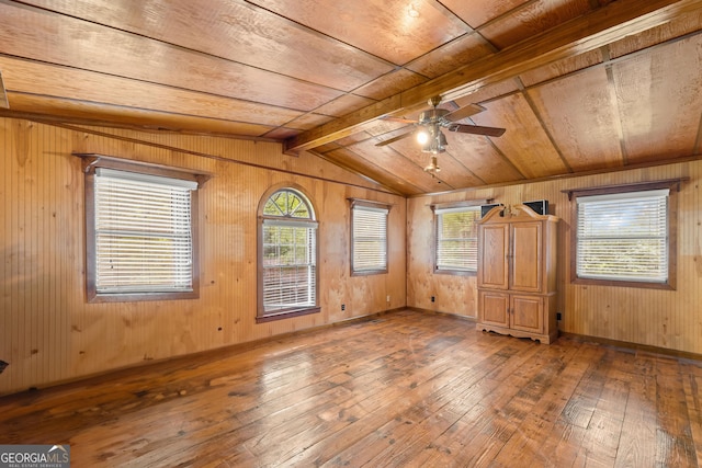 interior space featuring hardwood / wood-style floors, ceiling fan, wood walls, and wooden ceiling