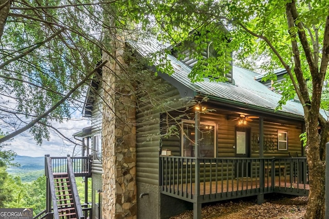 170 Walnut Rdg, Ellijay, GA 30536 - view of side of property featuring stairway, metal roof, a deck with mountain view, and a ceiling fan