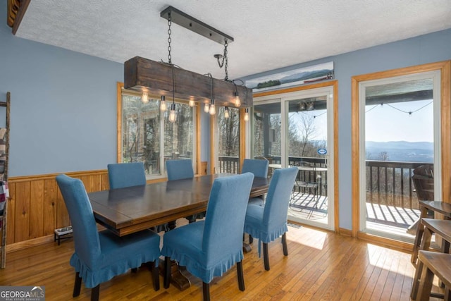 170 Walnut Rdg, Ellijay, GA 30536 - dining room featuring healthy amount of natural light, hardwood / wood-style flooring, wainscoting, and a textured ceiling