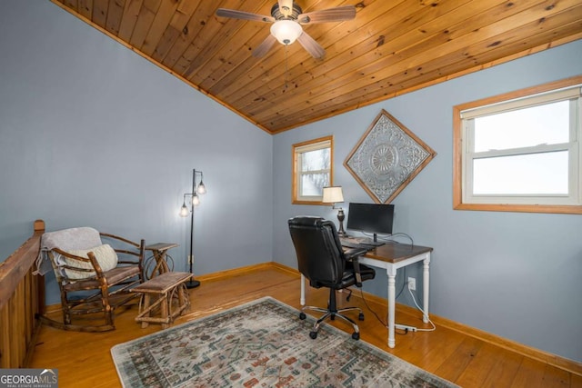 office featuring wood ceiling, ceiling fan, light hardwood / wood-style floors, and vaulted ceiling