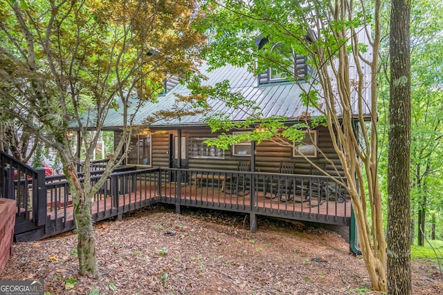 170 Walnut Rdg, Ellijay, GA 30536 - rear view of property with metal roof, a wooden deck, and log veneer siding