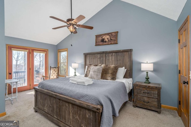 carpeted bedroom with high vaulted ceiling, access to outside, and ceiling fan