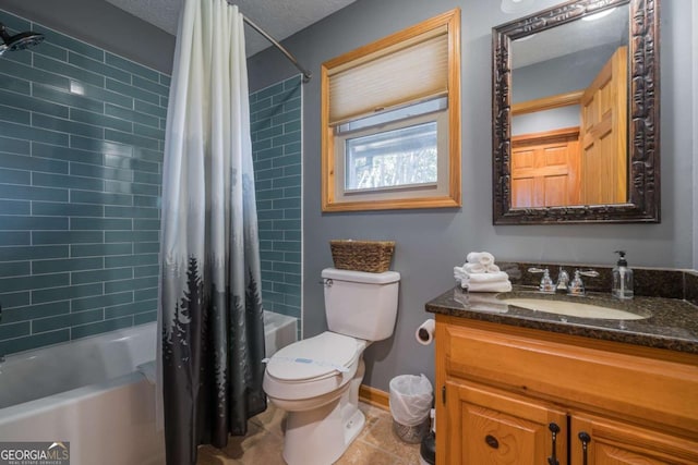 170 Walnut Rdg, Ellijay, GA 30536 - bathroom featuring shower / bath combination with curtain, vanity, toilet, baseboards, and tile patterned floors