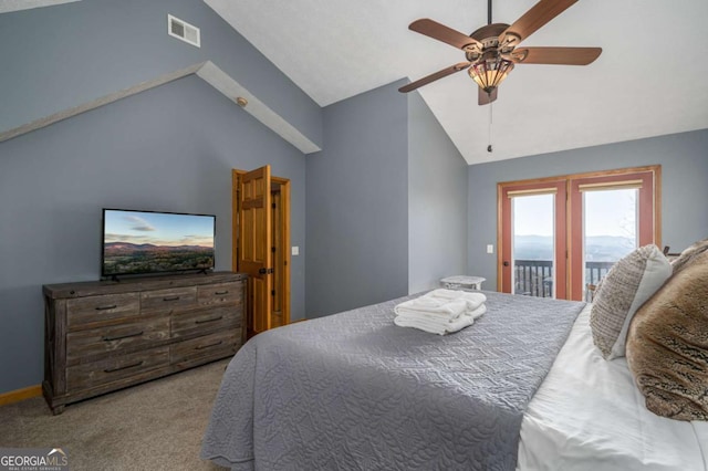 170 Walnut Rdg, Ellijay, GA 30536 - carpeted bedroom featuring vaulted ceiling, access to outside, and ceiling fan