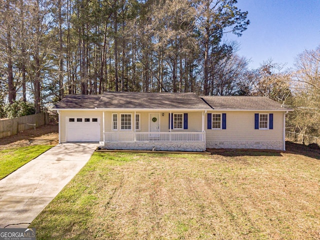 ranch-style house with a garage, covered porch, and a front lawn