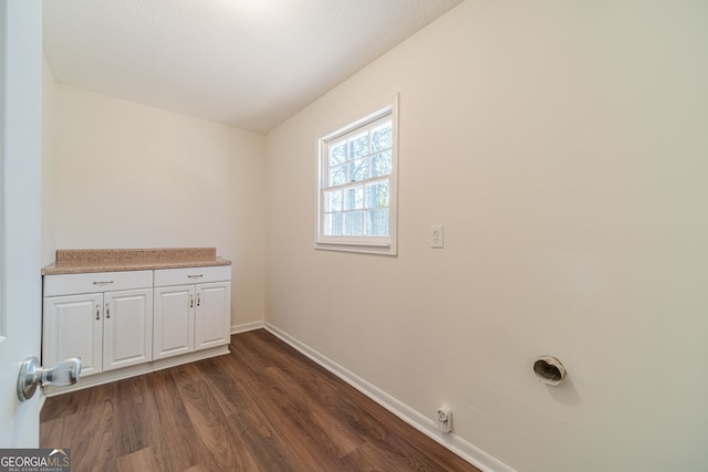 washroom featuring dark hardwood / wood-style flooring and cabinets