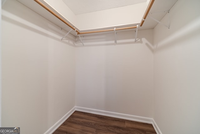 walk in closet with dark wood-type flooring