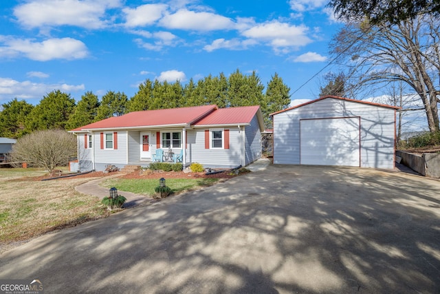 ranch-style house with a garage, covered porch, an outbuilding, and a front lawn