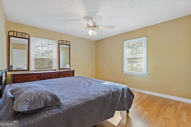 bedroom with ceiling fan and light wood-type flooring