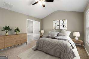 bedroom with carpet flooring, multiple windows, and ceiling fan