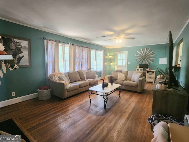 living room featuring ceiling fan and hardwood / wood-style flooring