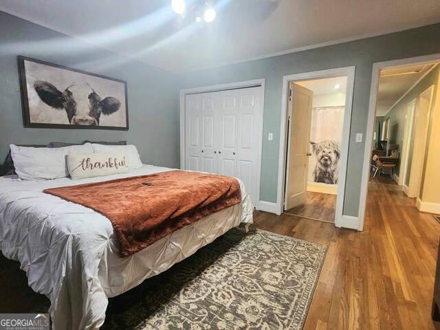 bedroom featuring hardwood / wood-style floors and a closet