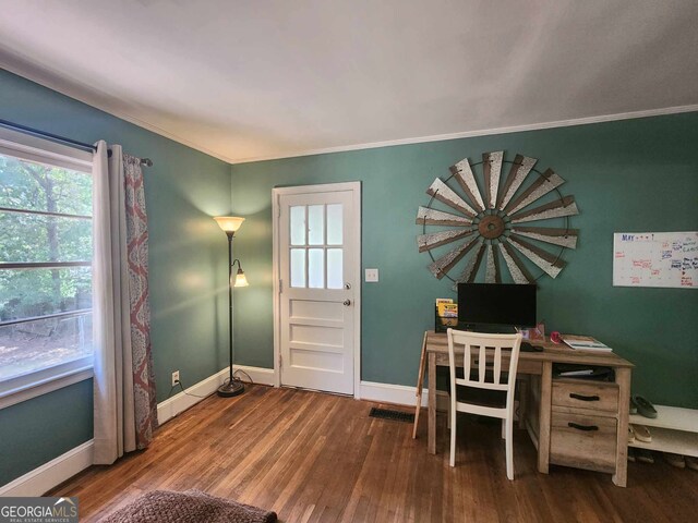 office area featuring crown molding and hardwood / wood-style flooring