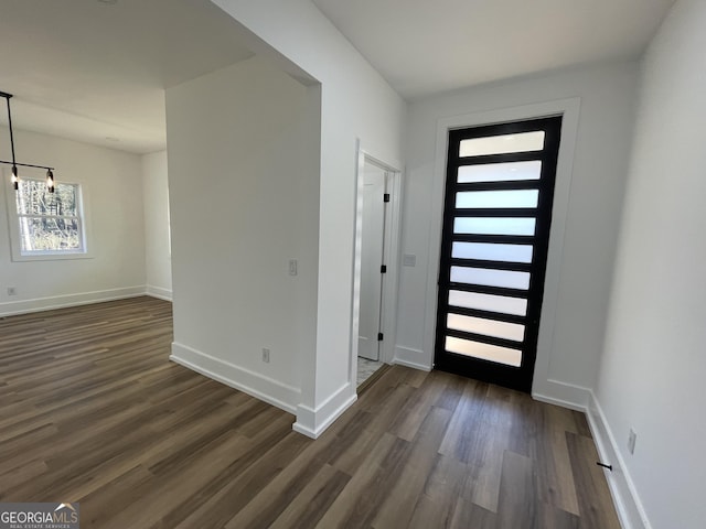 foyer entrance featuring dark wood-type flooring and a chandelier