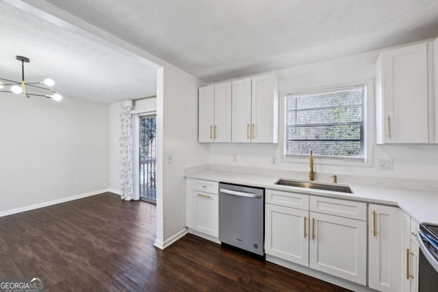 kitchen featuring stainless steel dishwasher, dark wood-type flooring, sink, a notable chandelier, and white cabinetry