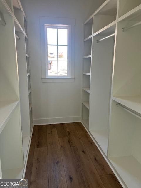 walk in closet with dark hardwood / wood-style flooring