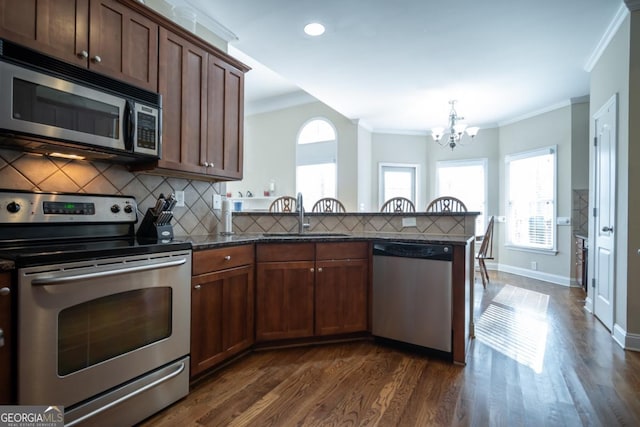 kitchen with crown molding, appliances with stainless steel finishes, sink, and kitchen peninsula