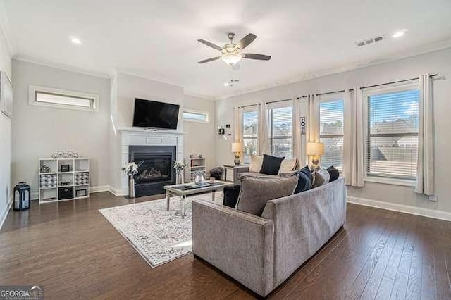 living room with plenty of natural light, ceiling fan, dark hardwood / wood-style flooring, and ornamental molding